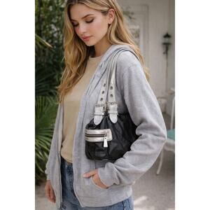 Sabina New York Y2K Black Leather Shoulder Bag Silver Trim Studded Buckle